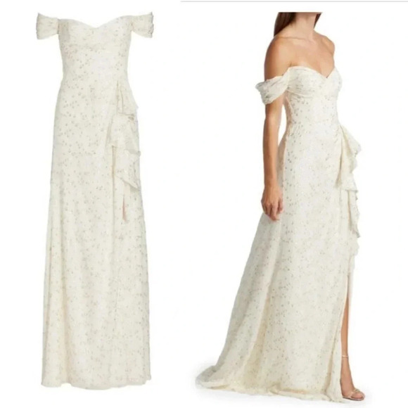 ML Monique Lhuillier Metallic Off-The-Shoulder Evening Dress - Picture 2 of 9